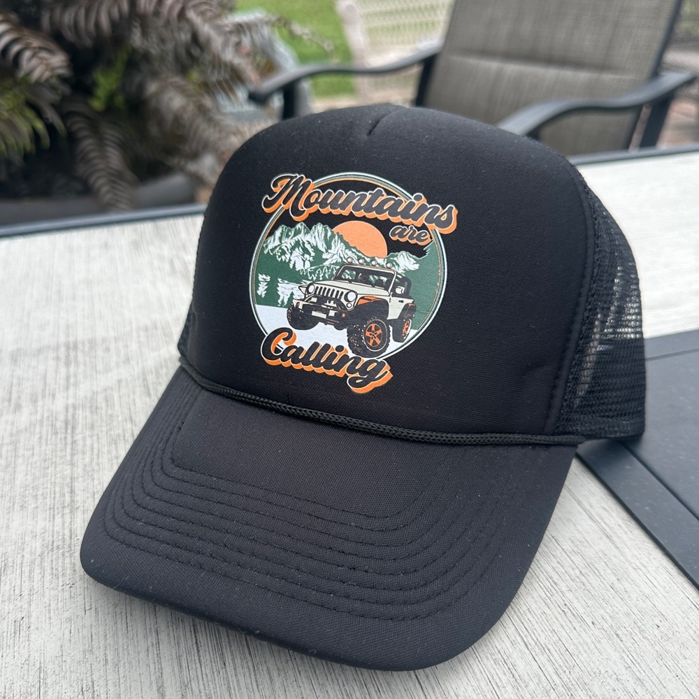 Unisex, The Mountains are Calling, Jeep, Black Trucker Hat